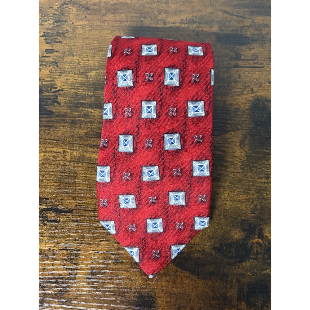 Robert Talbott Red Silk Tie Red Geometric Diamond Pattern 60" USA‎ Made